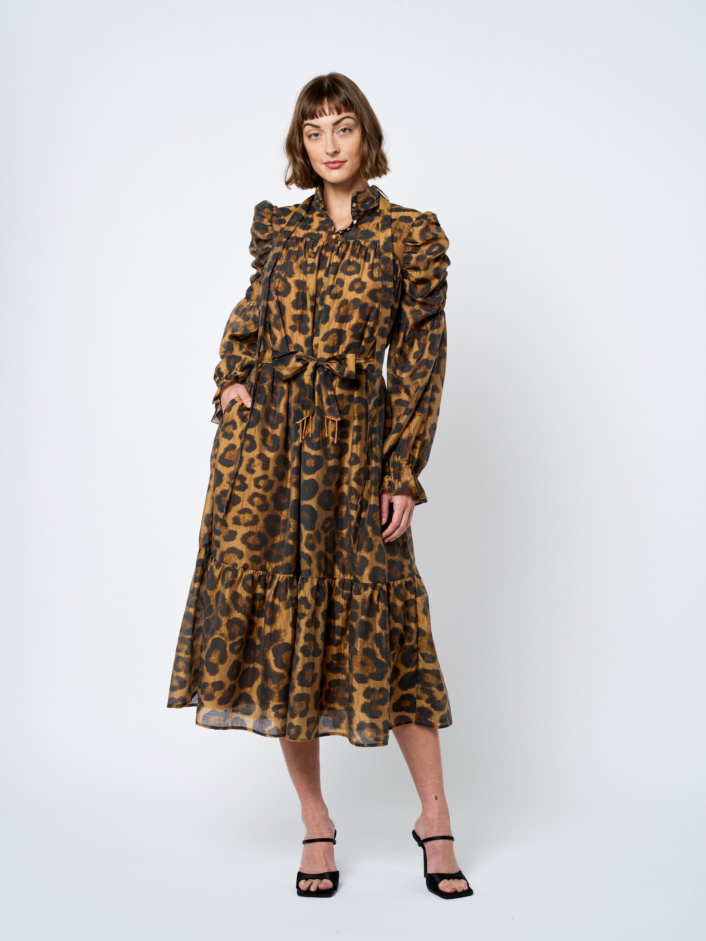 Daphne Animal Print Ruched Sleeve Midi Dress