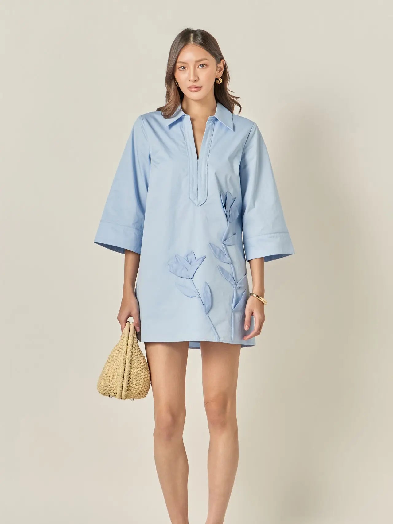 Flower Appliqued Striped Shirt Mini Dress-Powder Blue