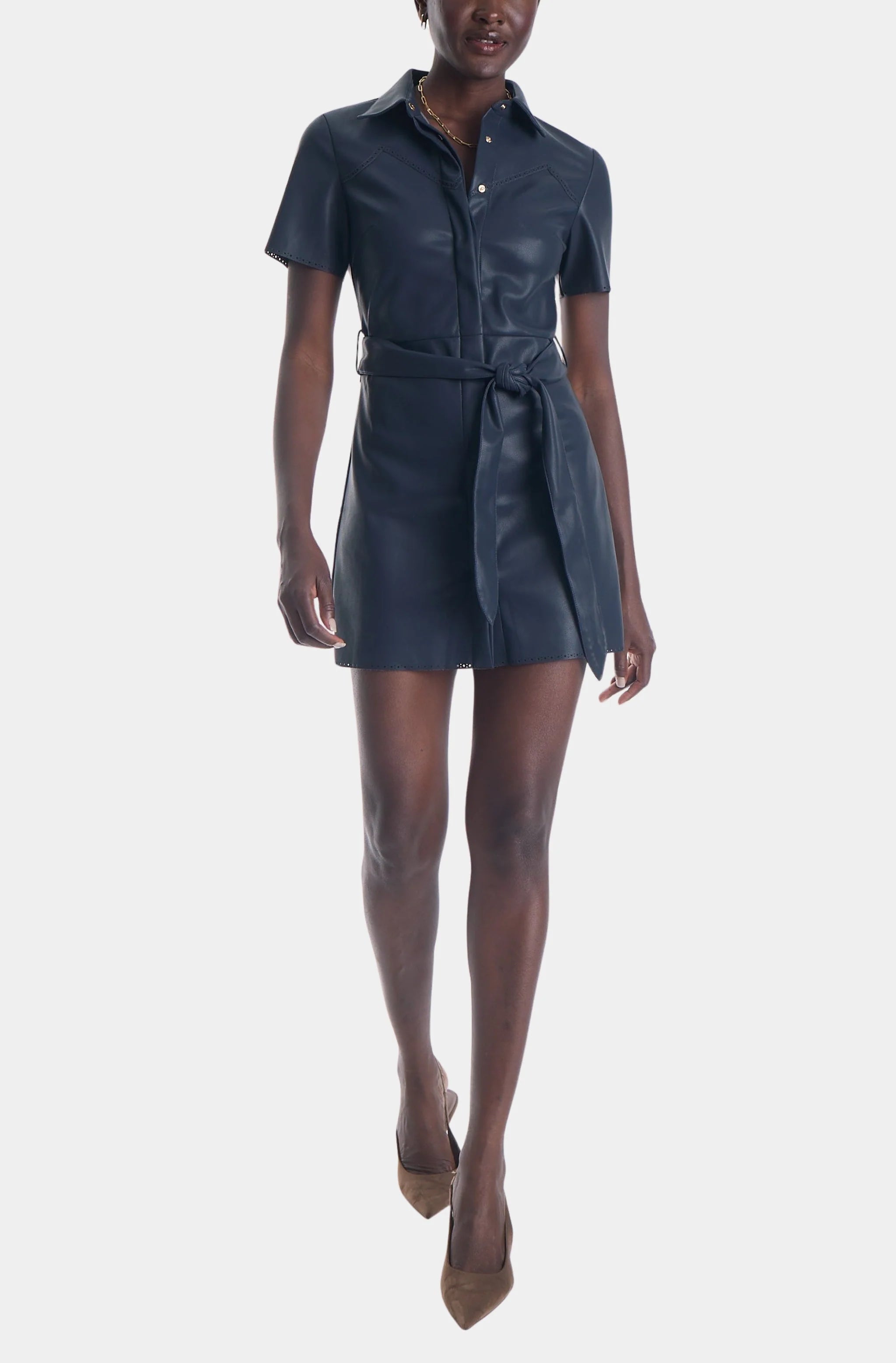 Mallie Vegan Leather Mini Dress-Navy