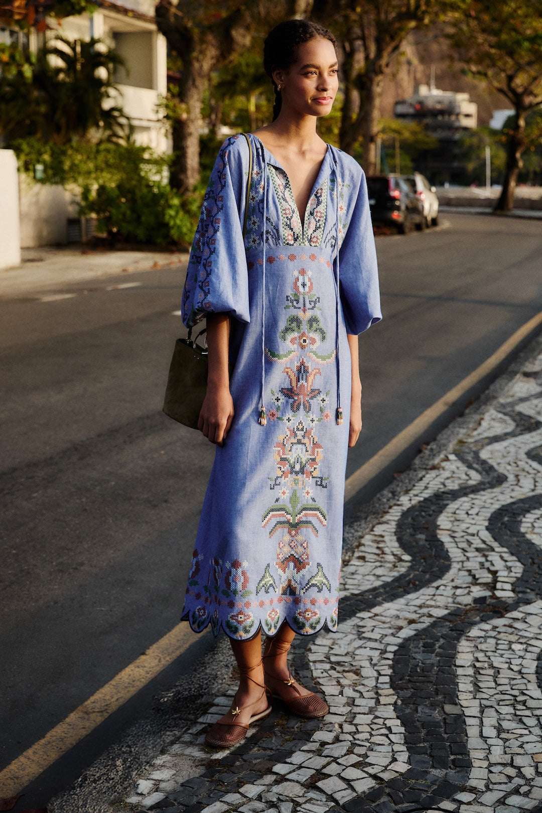 Garden Tapestry Blue Embroidery LS Midi Dress