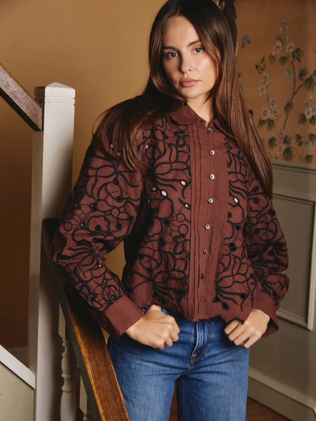Abigail LS Top-Brownstone Embroidery