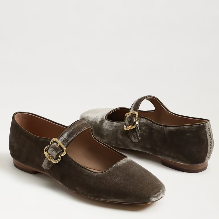 Michaela Mary Jane Flat - Dark Sage Velvet