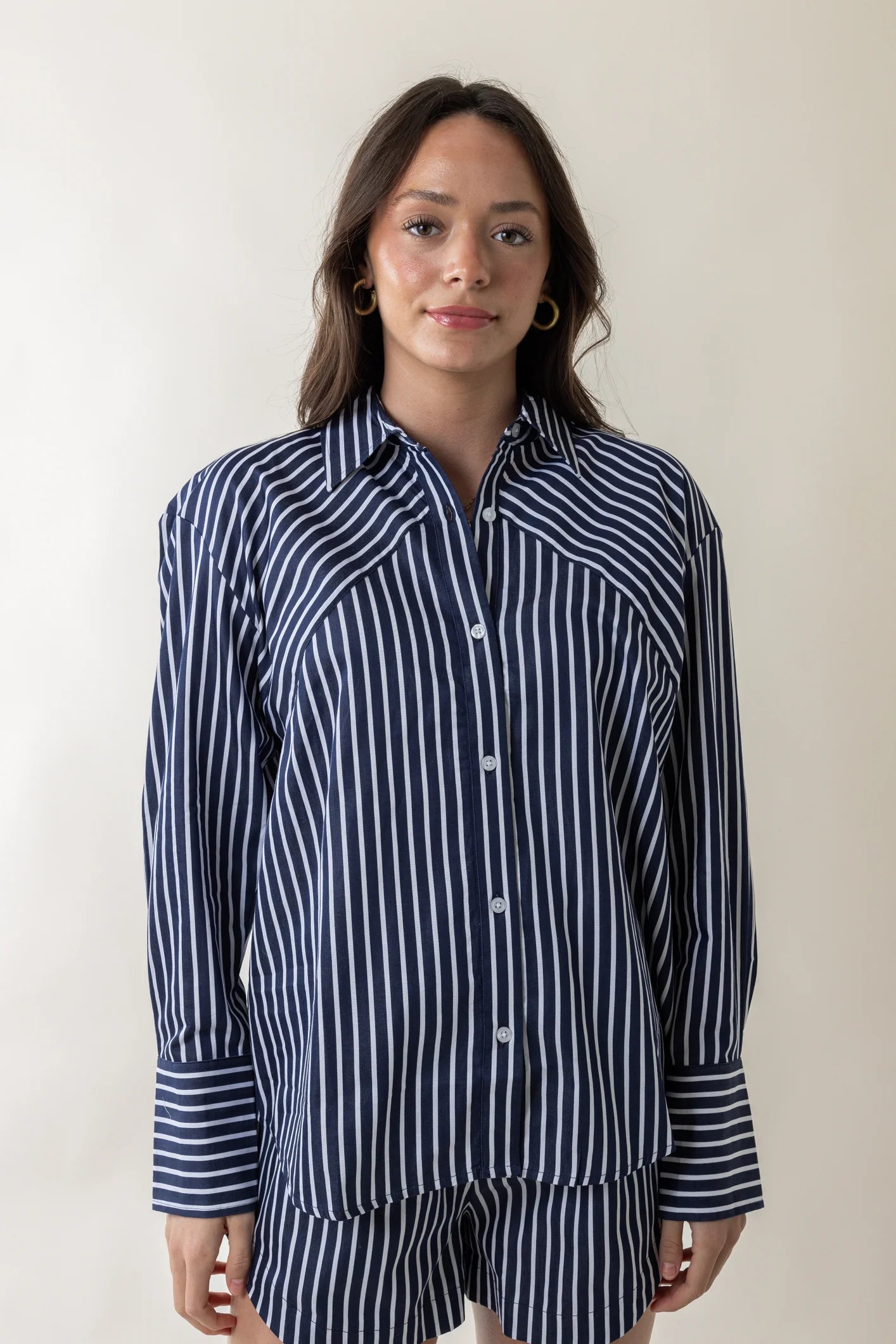 Alexis Cotton Angled Yoke Shirt-Summer White/Navy