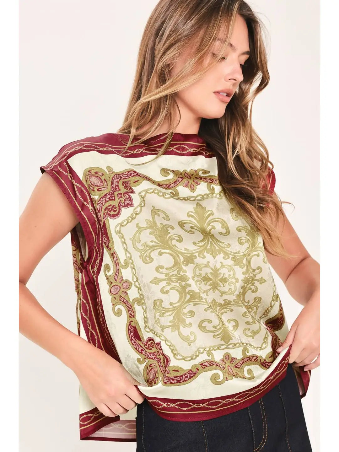 Scarf Woven Top-Burgandy