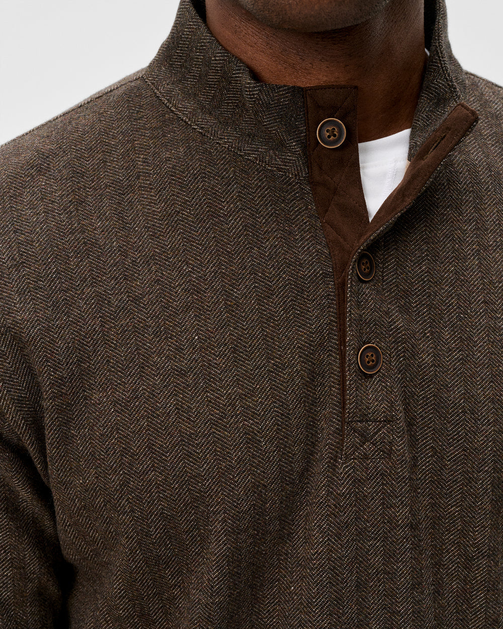 Cotton Blend Herringbone Henley - Coffee