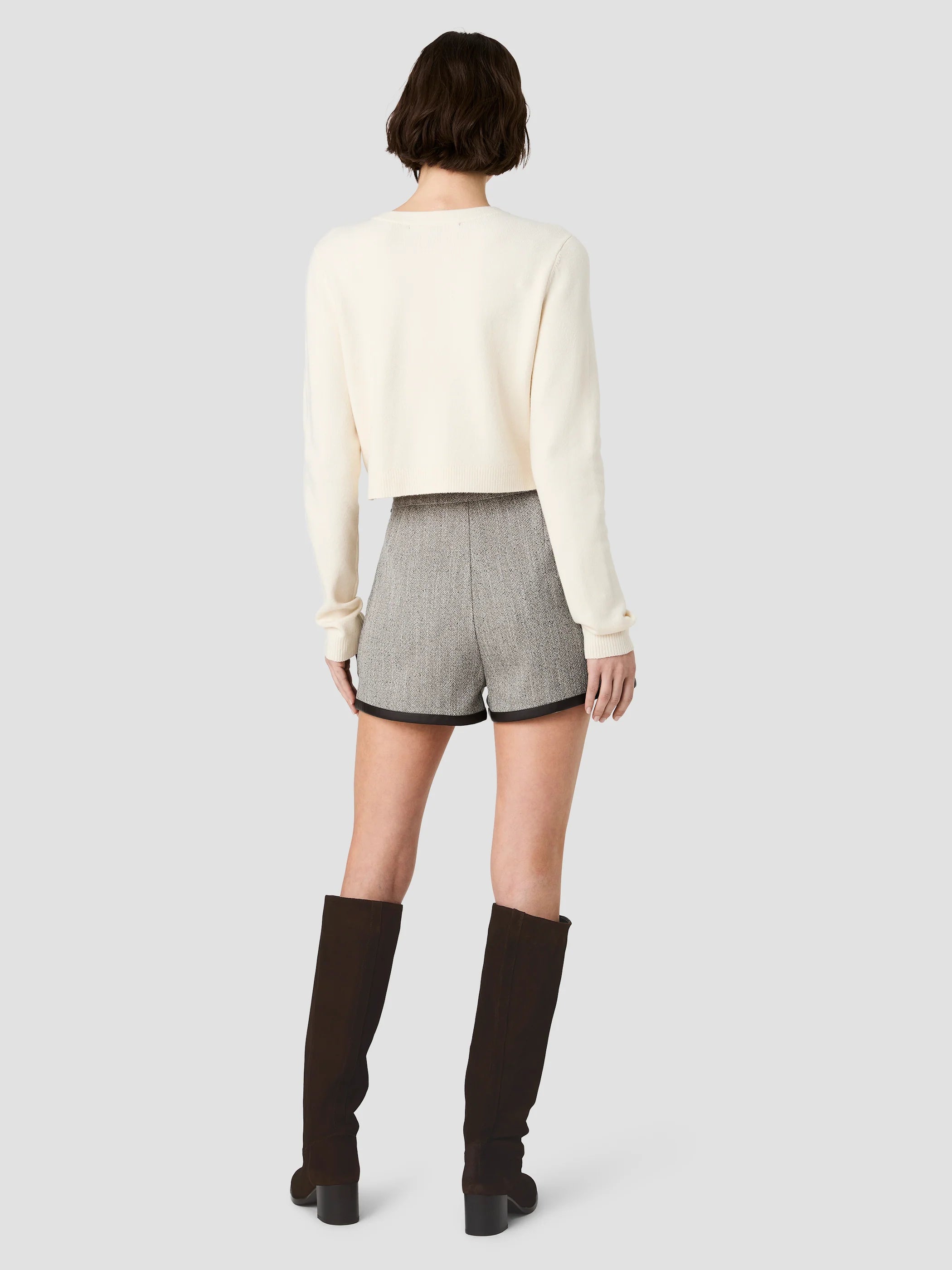 Speckled Herringbone Suiting Faux Leather Trimmed Shorts