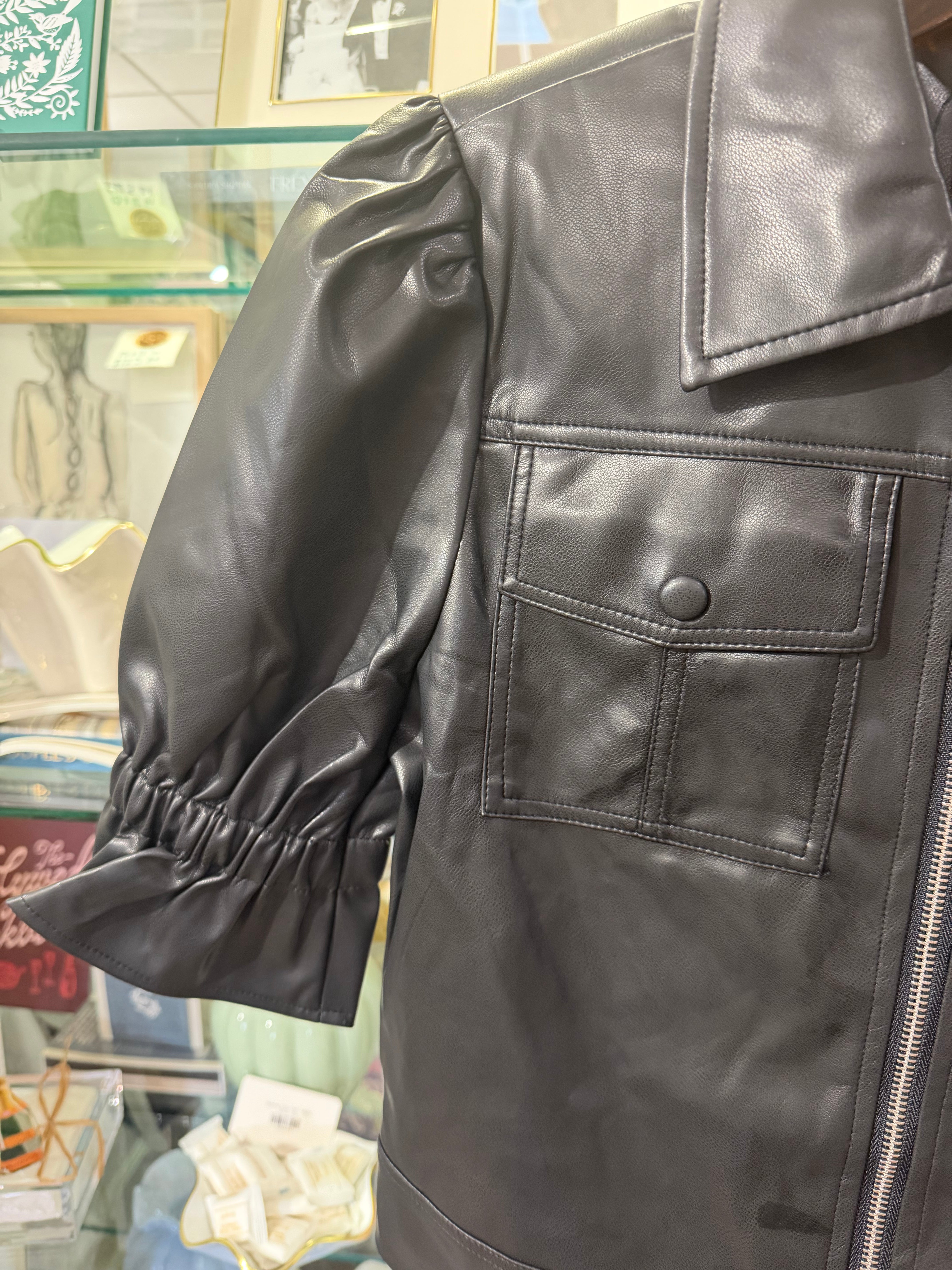 Black Vegan Leather Ruffle Jacket