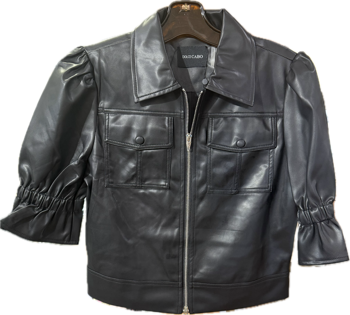 Black Vegan Leather Ruffle Jacket