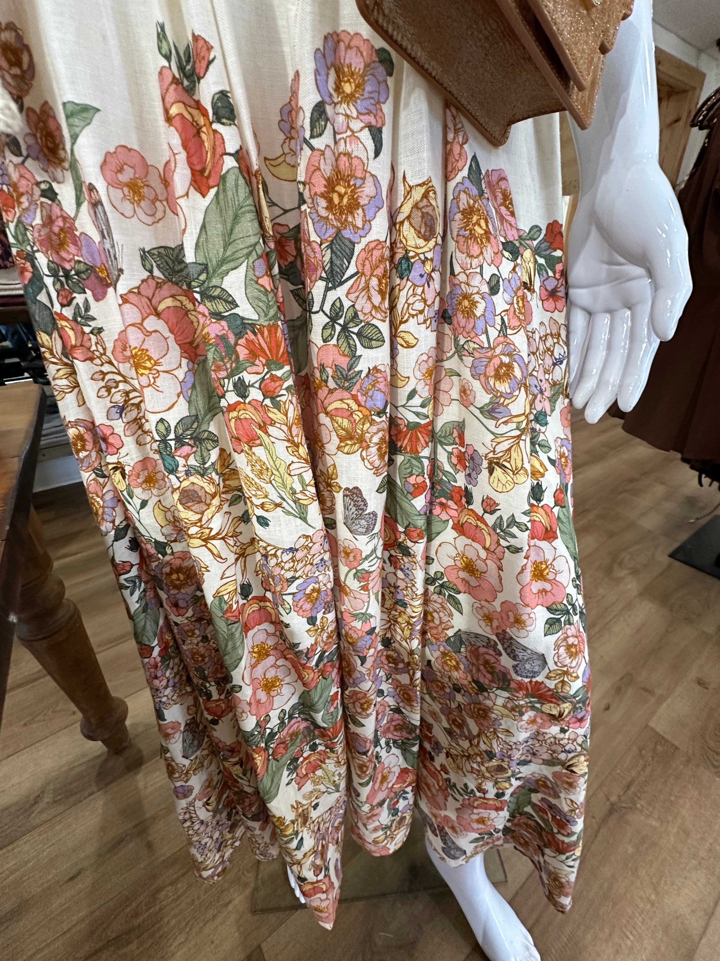 Botanical Maxi Linen Tube Dress-Cream