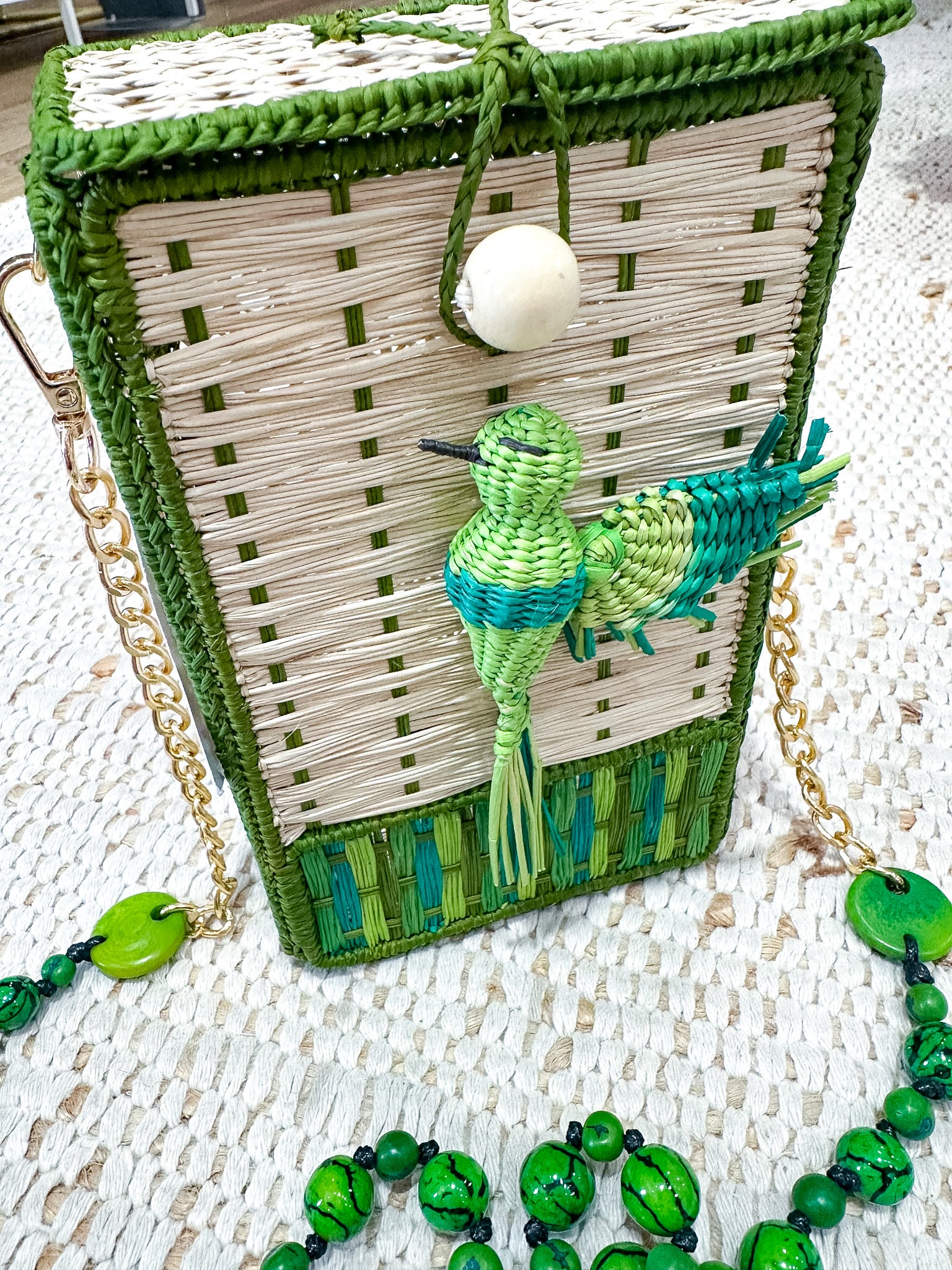 Handmade Tropical Bird Beaded Straw Handbag