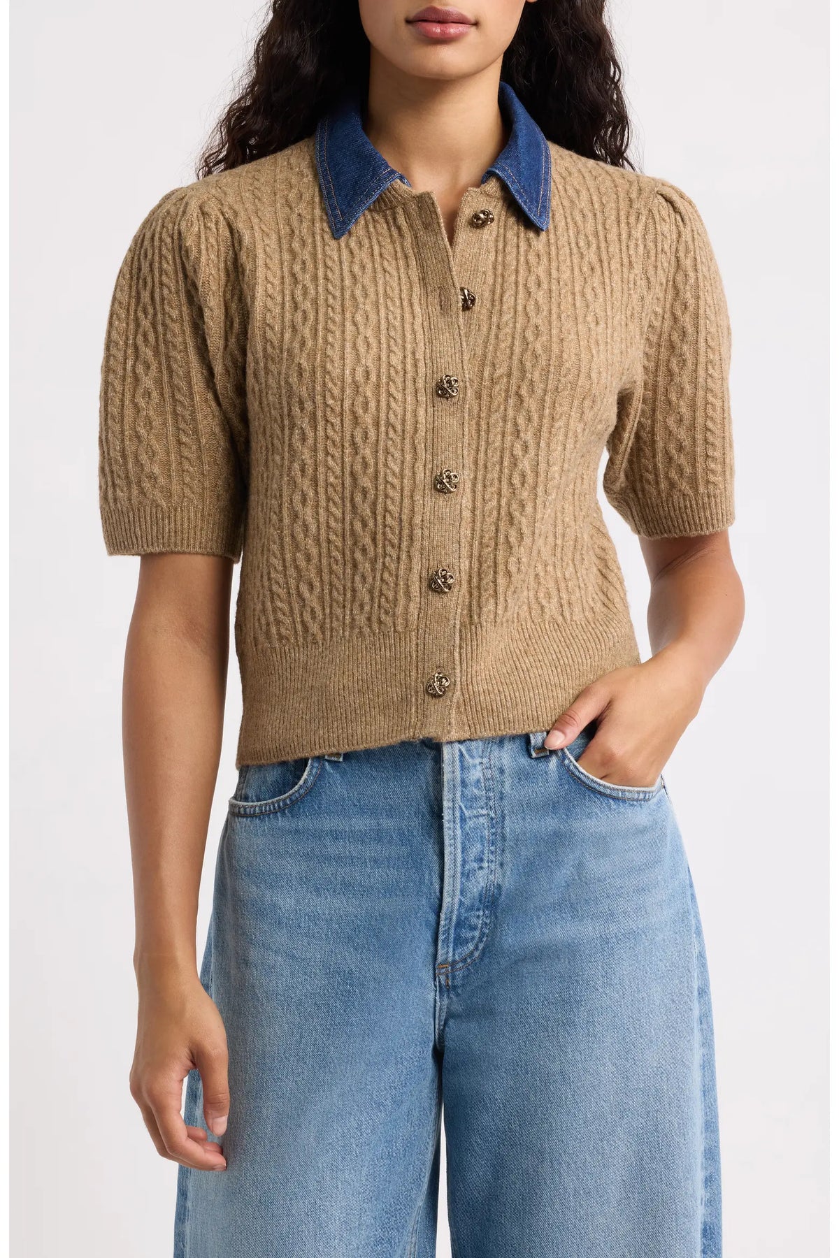 Lane Denim Collar Cardigan-Cedar