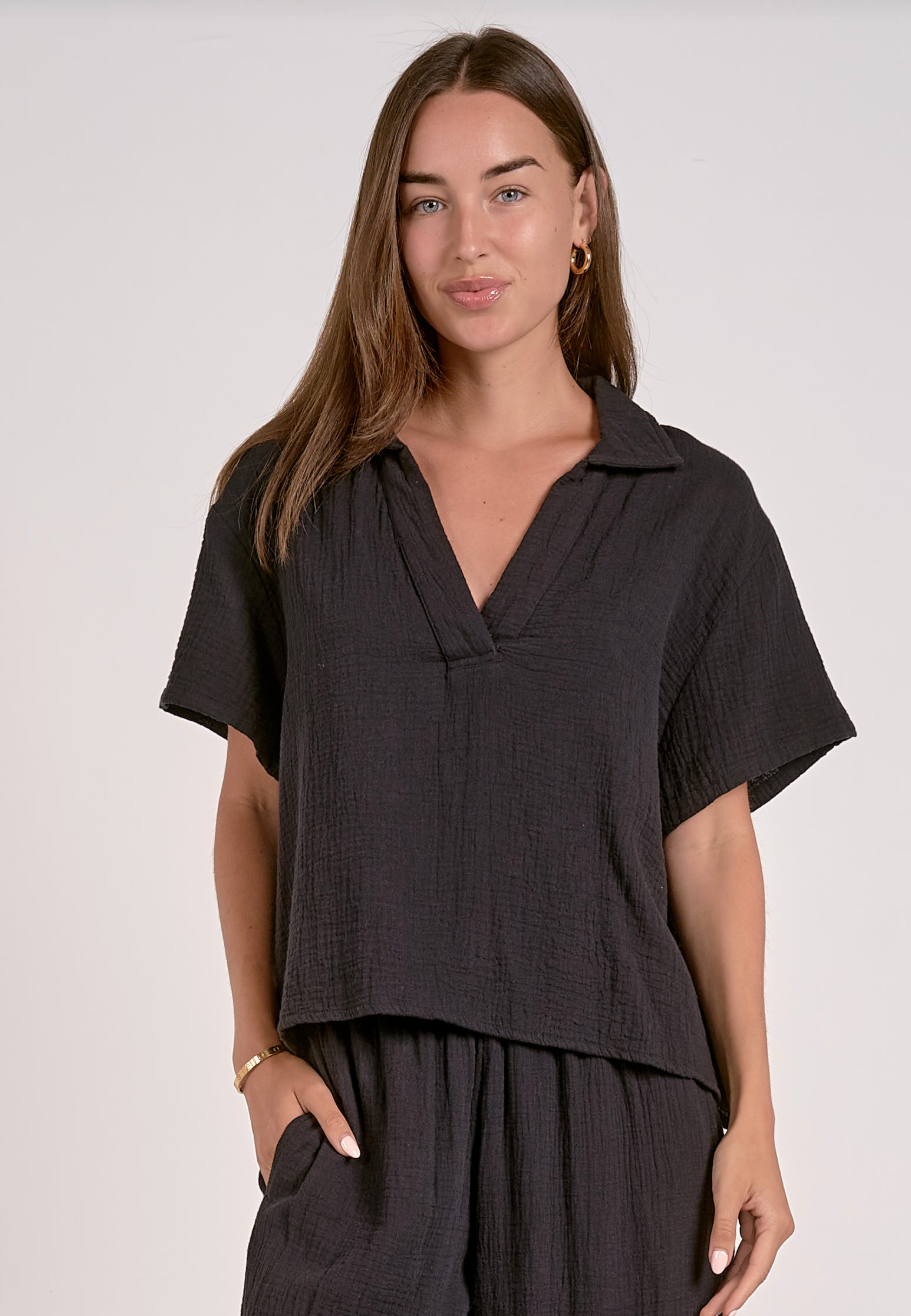 Della Short Sleeve Gauze Top-Black