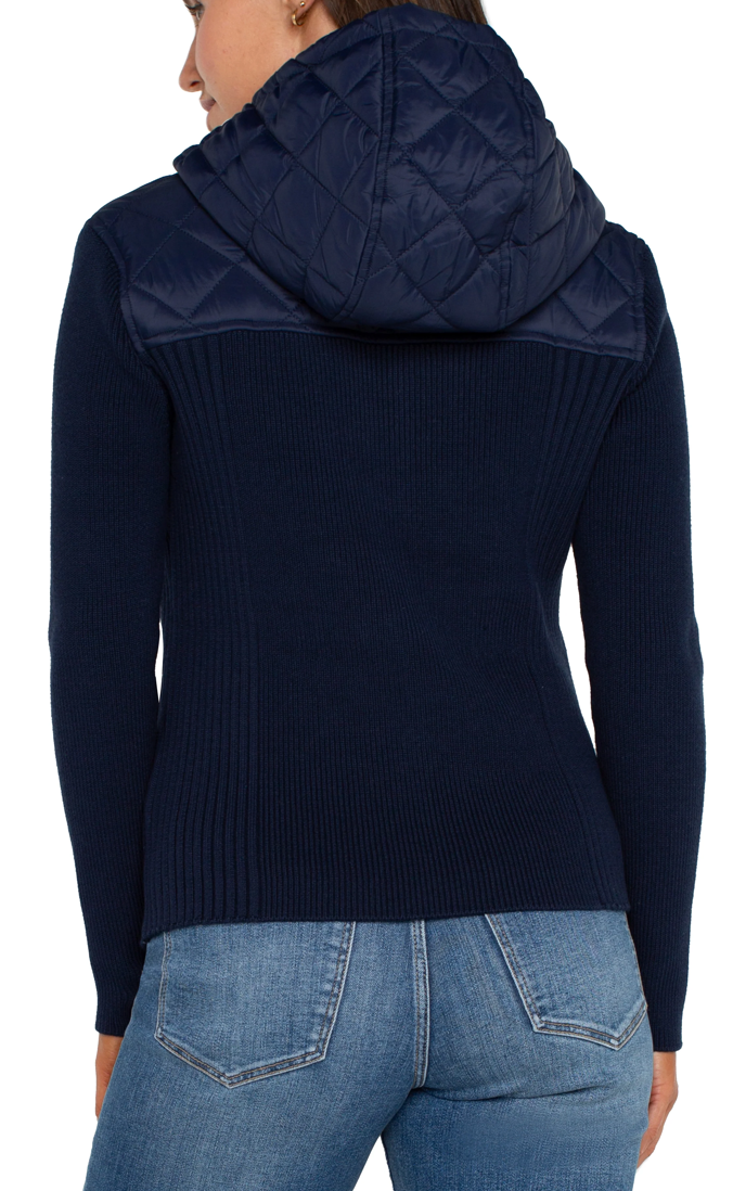 Quilted Front Full Zip Hooded Sweater