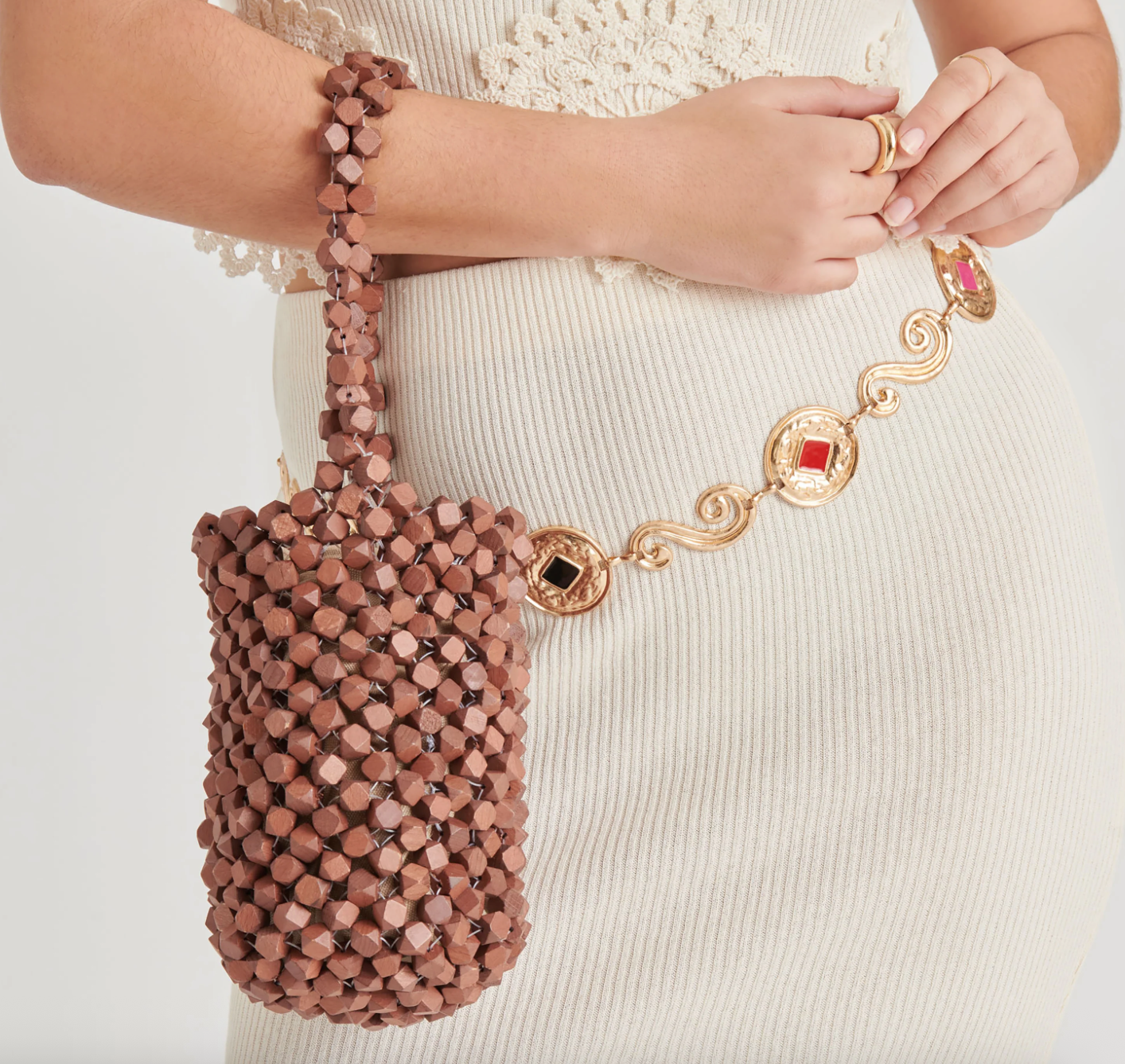 Malou Handbag Brown Wood Beaded