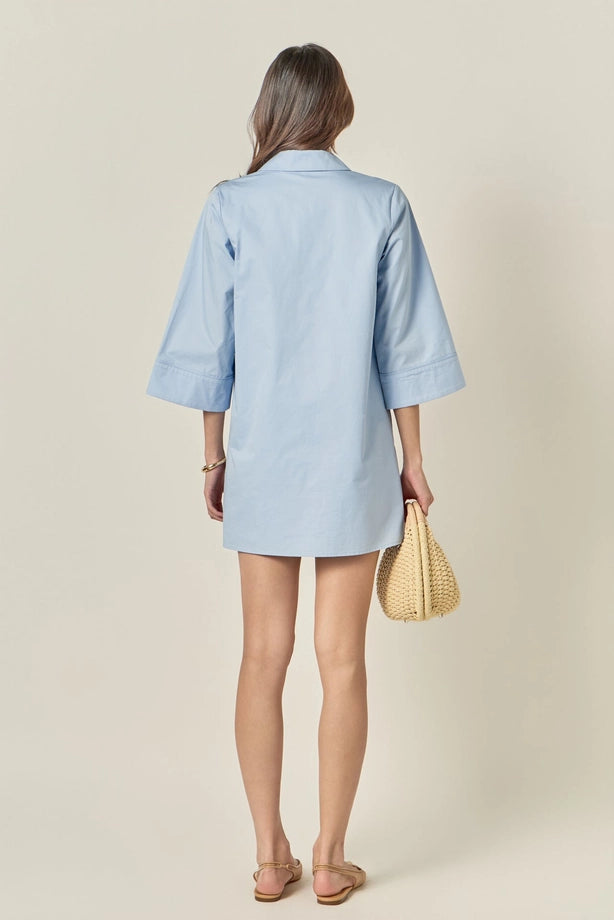 Flower Appliqued Striped Shirt Mini Dress-Powder Blue