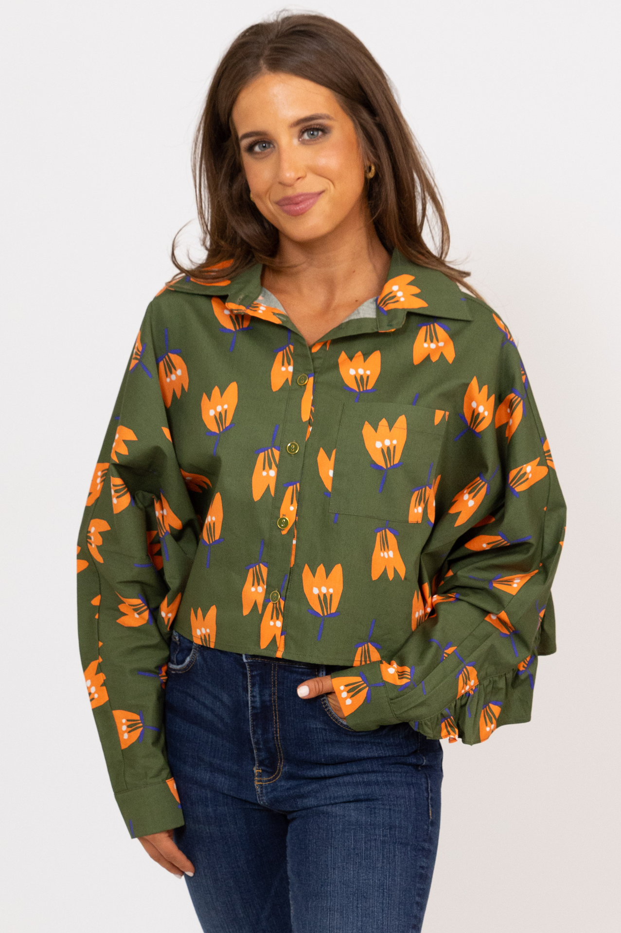 Poplin Poppy Ruffle Back Button Up-Olive