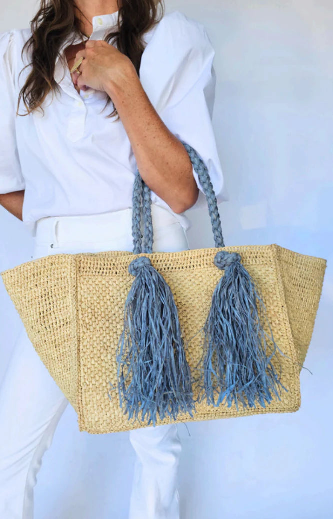 Camilla Raffia Bag -Hay/Light Blue