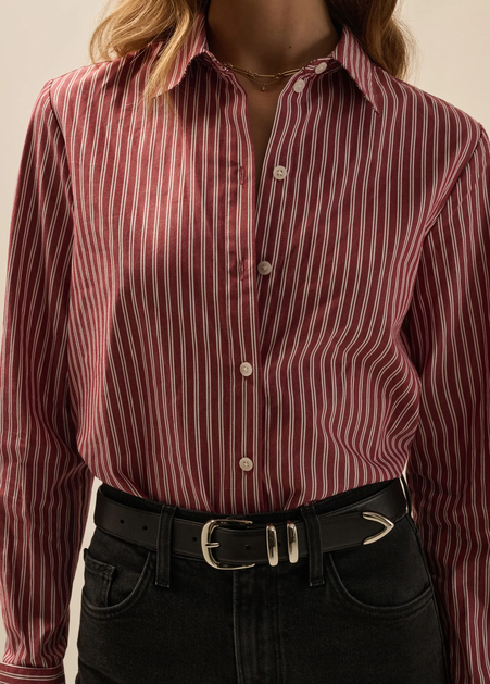 The Cuffed Statement Shirt-Cranberry Stripe