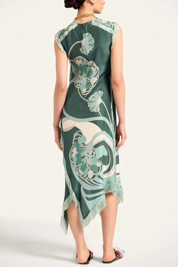 Fringe Trim Floral Shift Dress-Jade