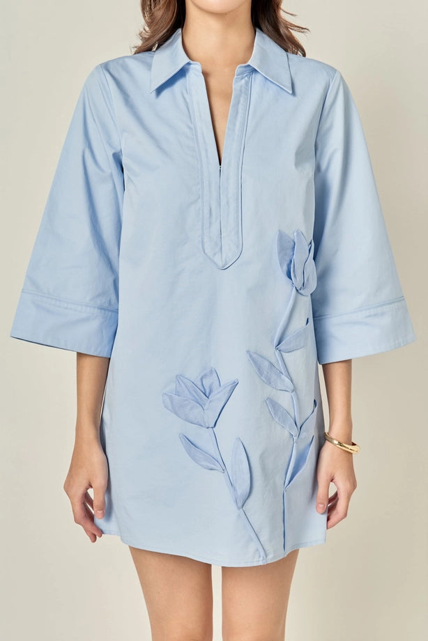 Flower Appliqued Striped Shirt Mini Dress-Powder Blue