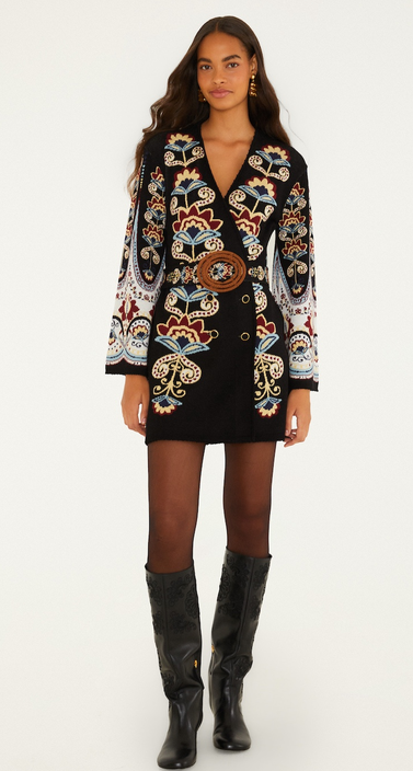 Winter Floral Knit Mini Dress-Black