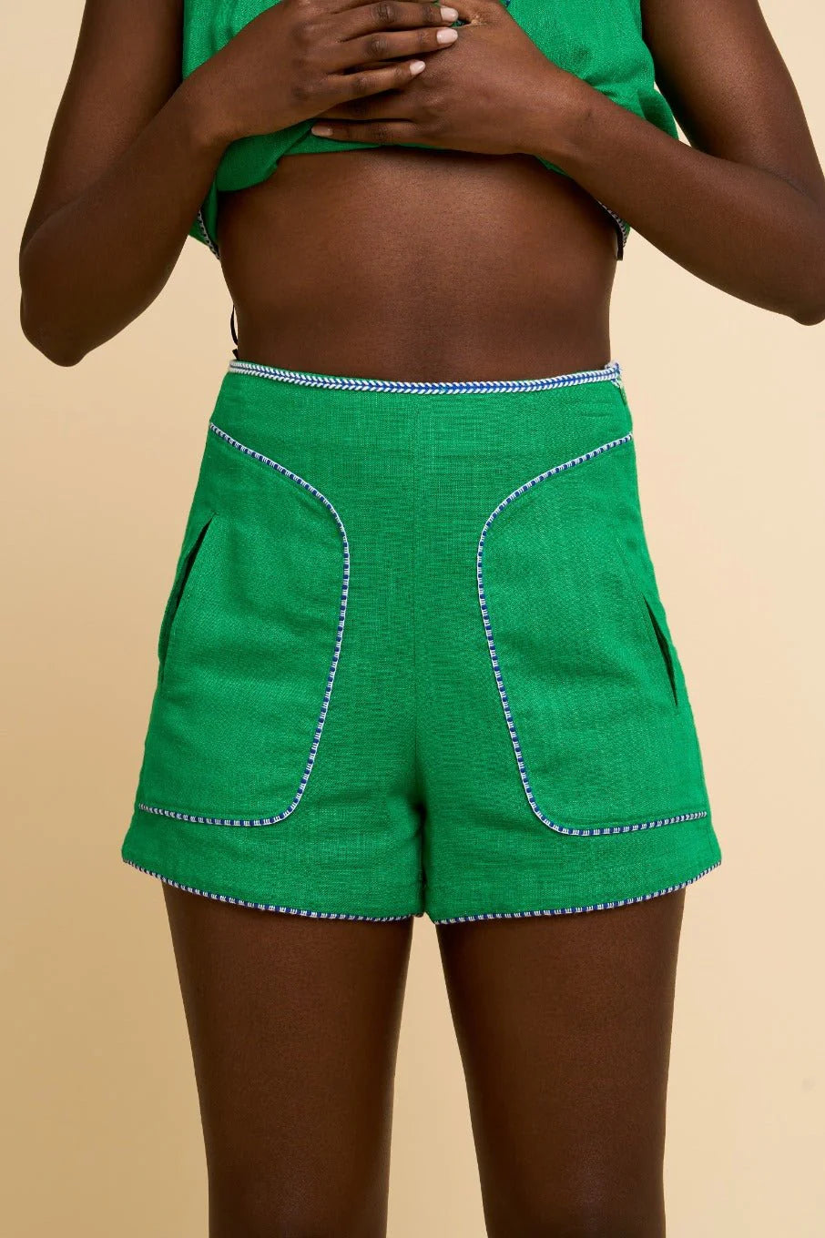 Green Elodie Linen Short with Piping