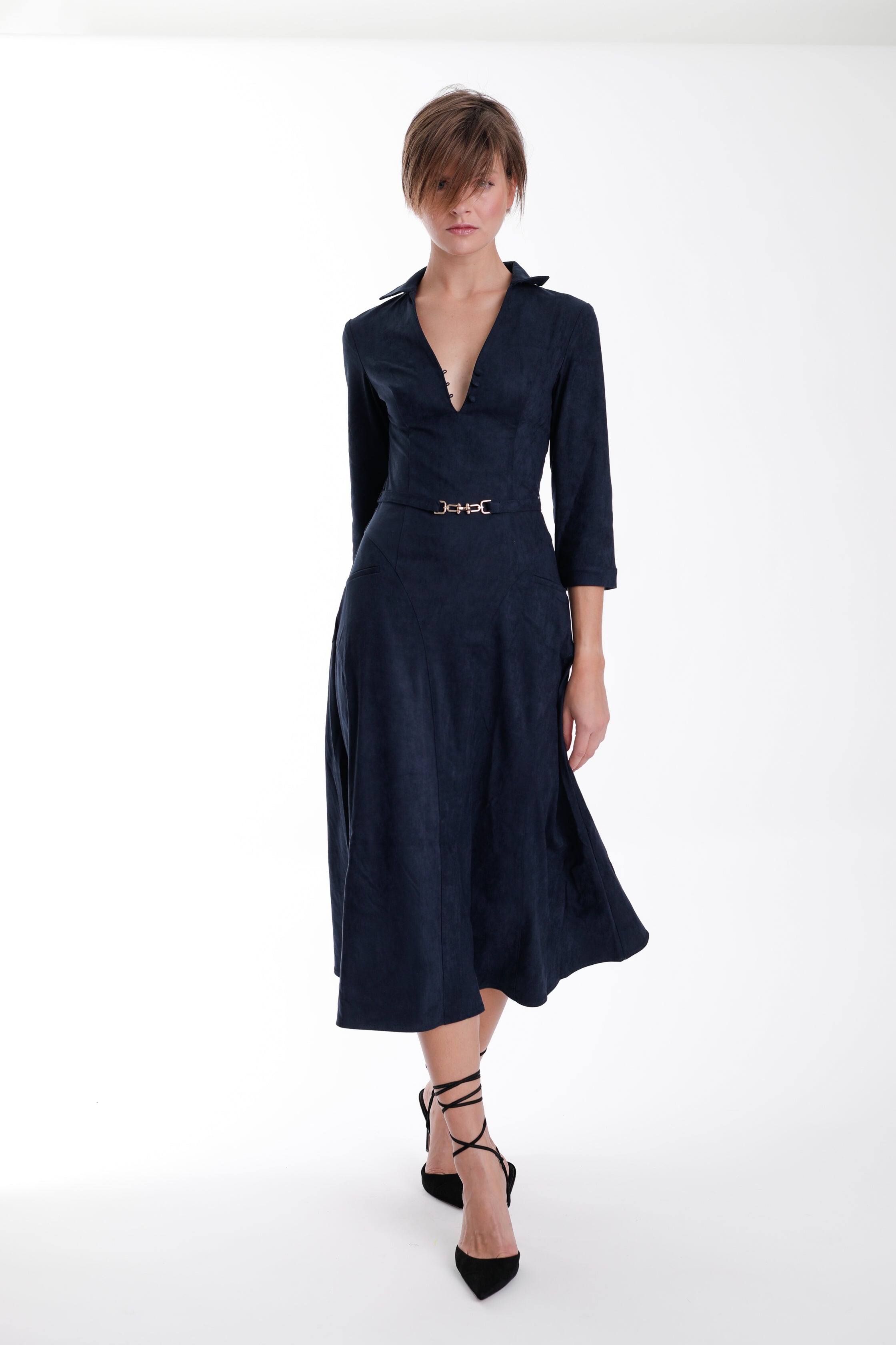 Victoria Suede Maxi Dress-Navy