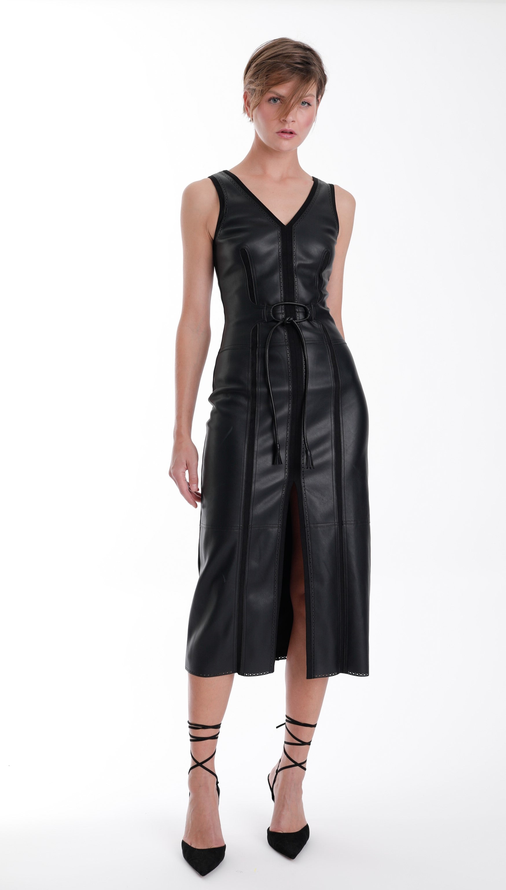 Mona Vegan Leather Midi Dress-Black