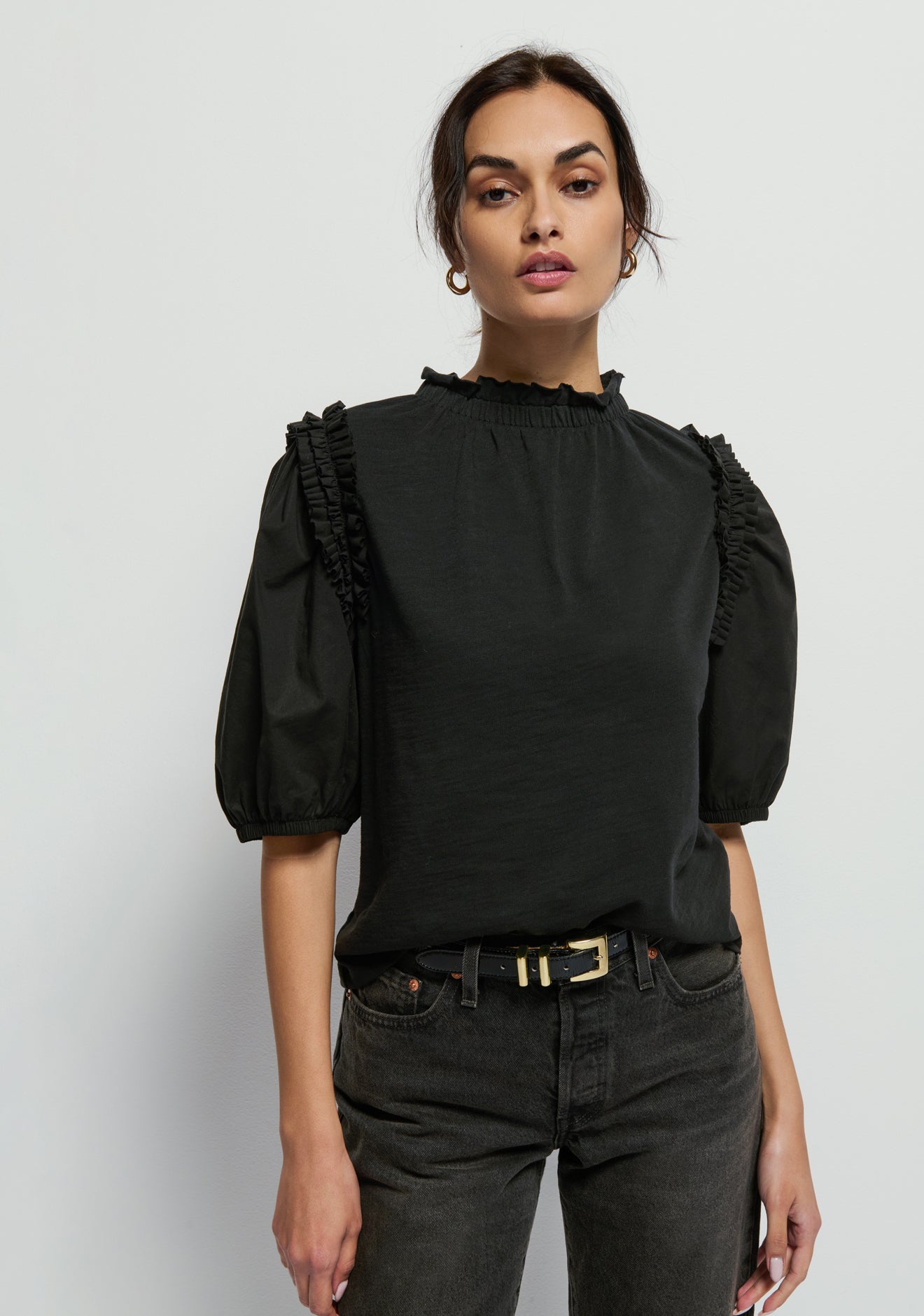 Roya Ruched Neck Top-Black