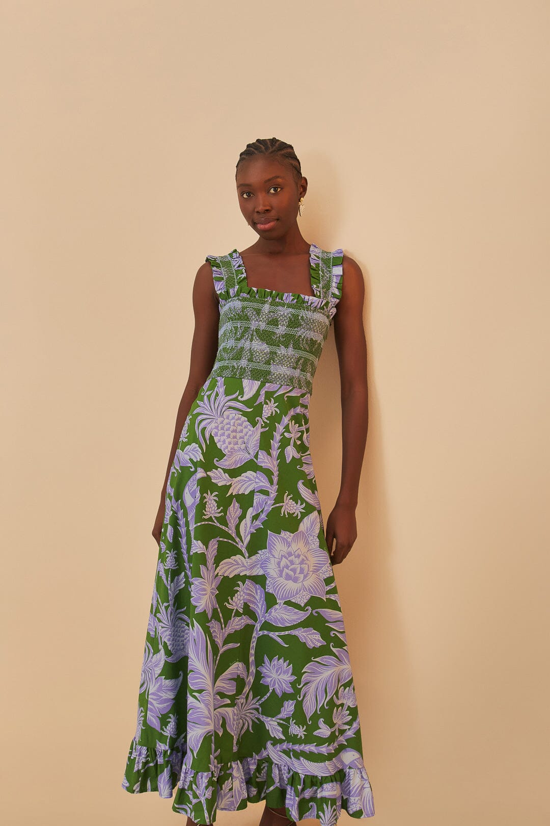 Green Tropical Swing Sleeveless Midi Dress