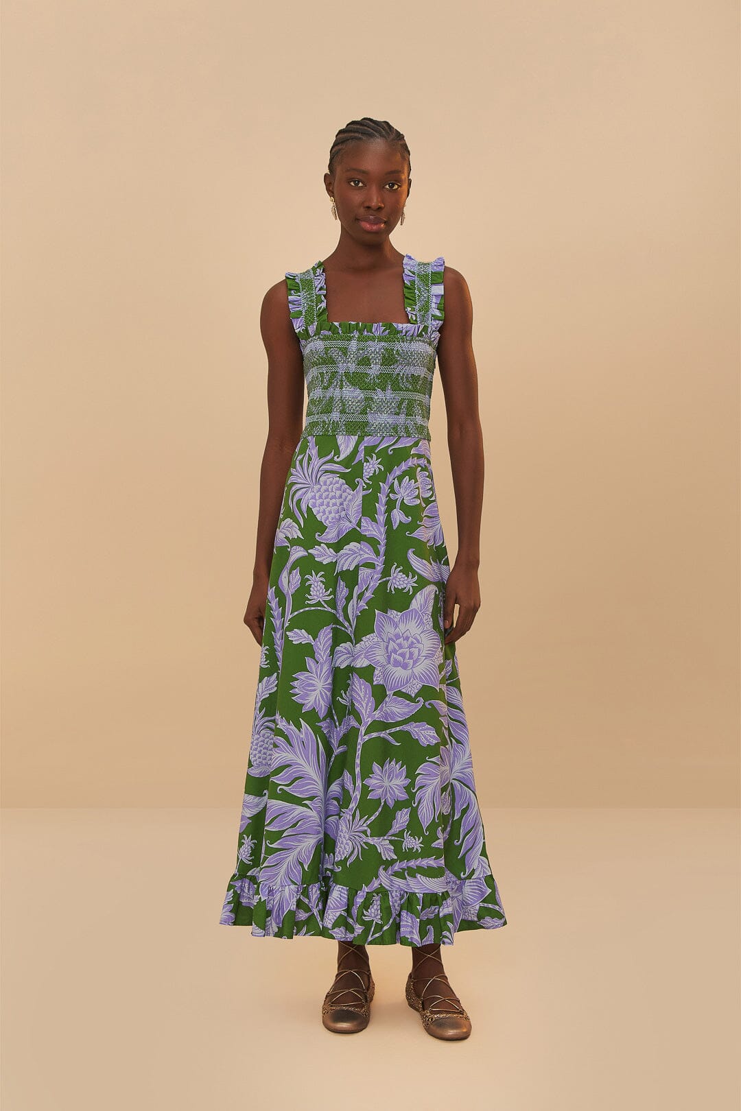 Green Tropical Swing Sleeveless Midi Dress