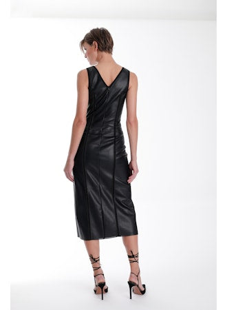 Mona Vegan Leather Midi Dress-Black