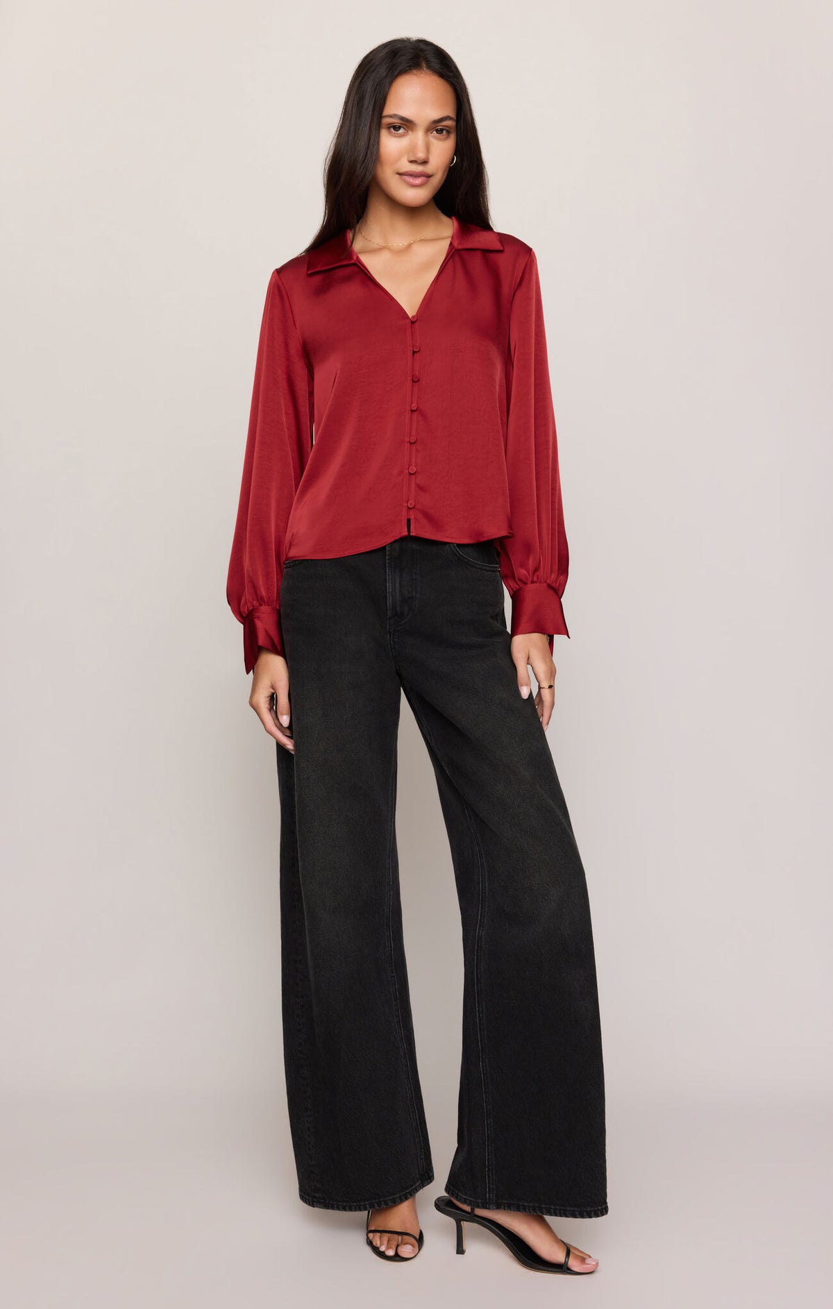Late Night Luxe Button Up-Red Dahlia