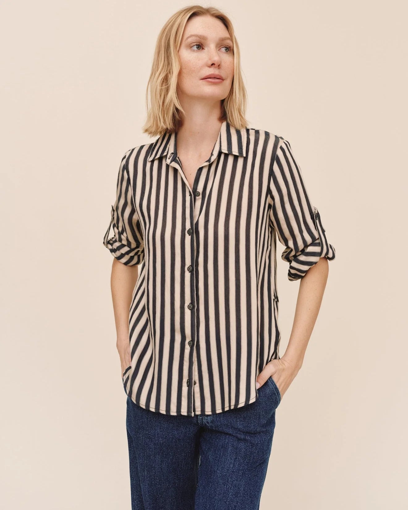 Margie Split Back Striped Button Down