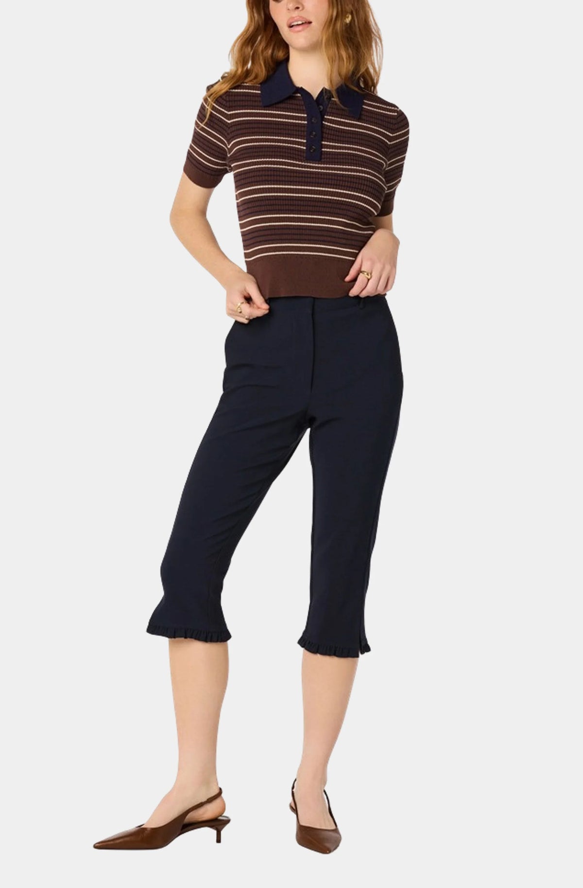 Iris Striped Polo Sweater-Brown/Navy