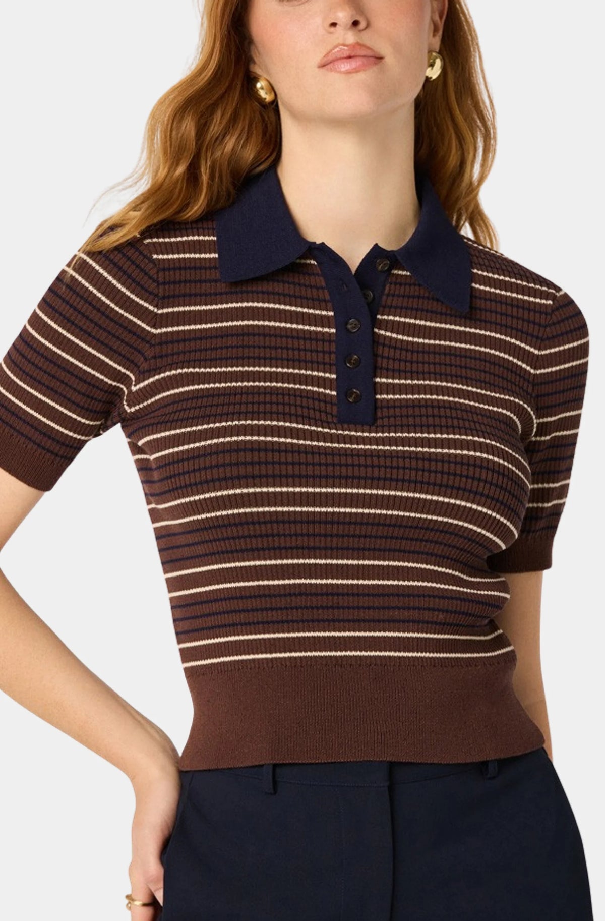 Iris Striped Polo Sweater-Brown/Navy