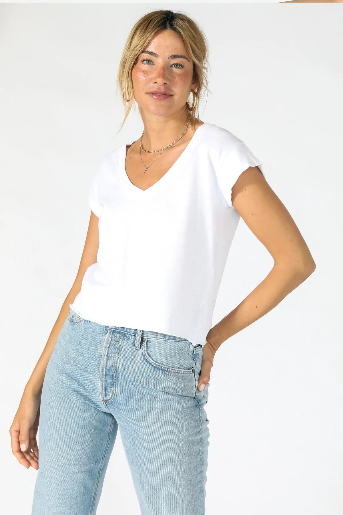 Pearl Japanese Jersey V Neck- White