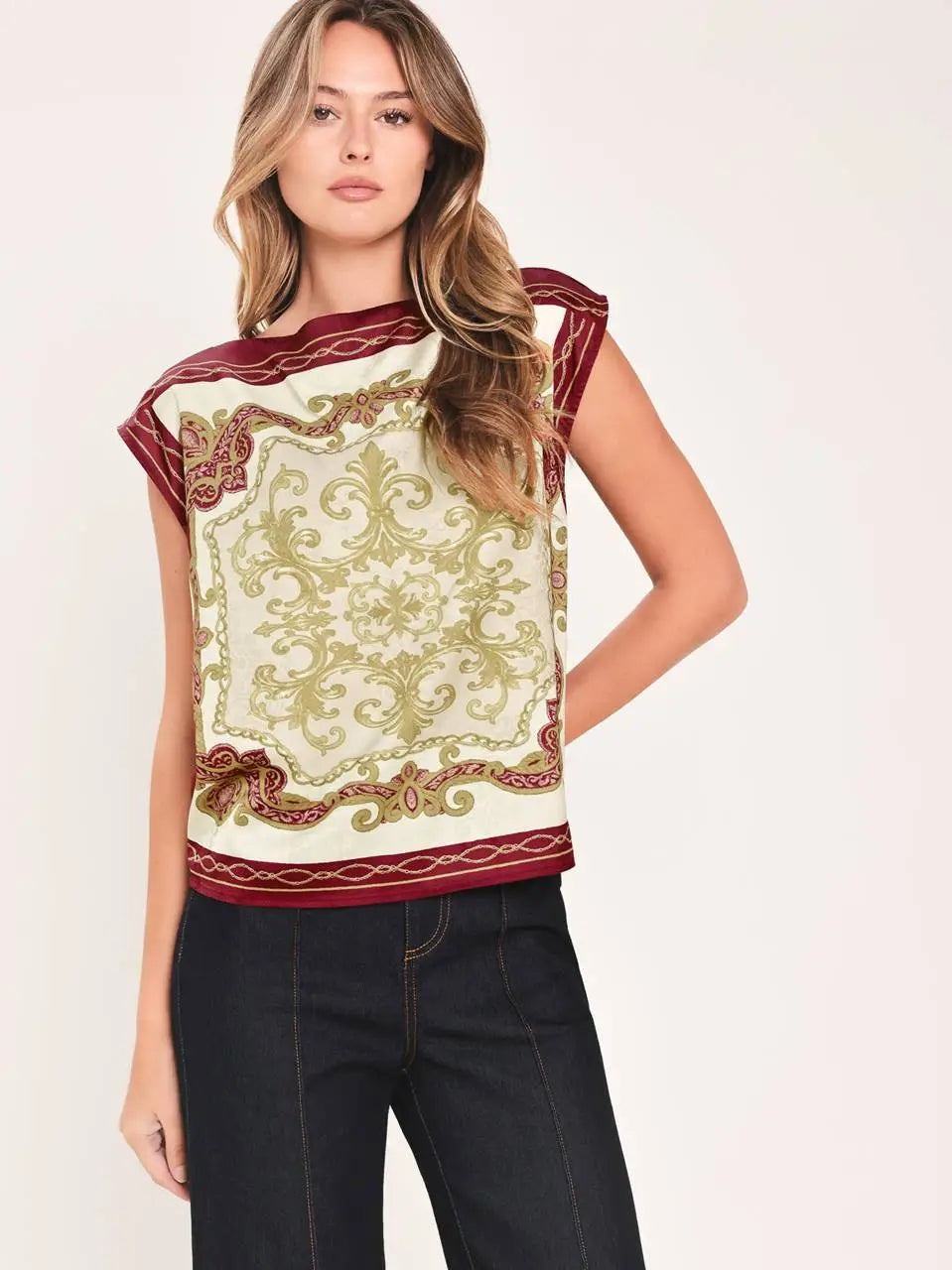 Scarf Woven Top-Burgandy