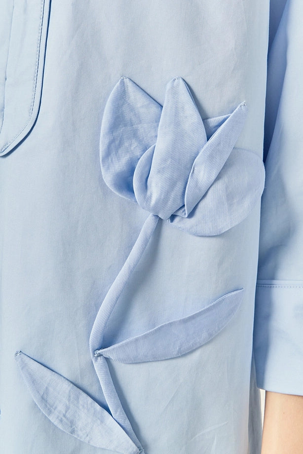 Flower Appliqued Striped Shirt Mini Dress-Powder Blue