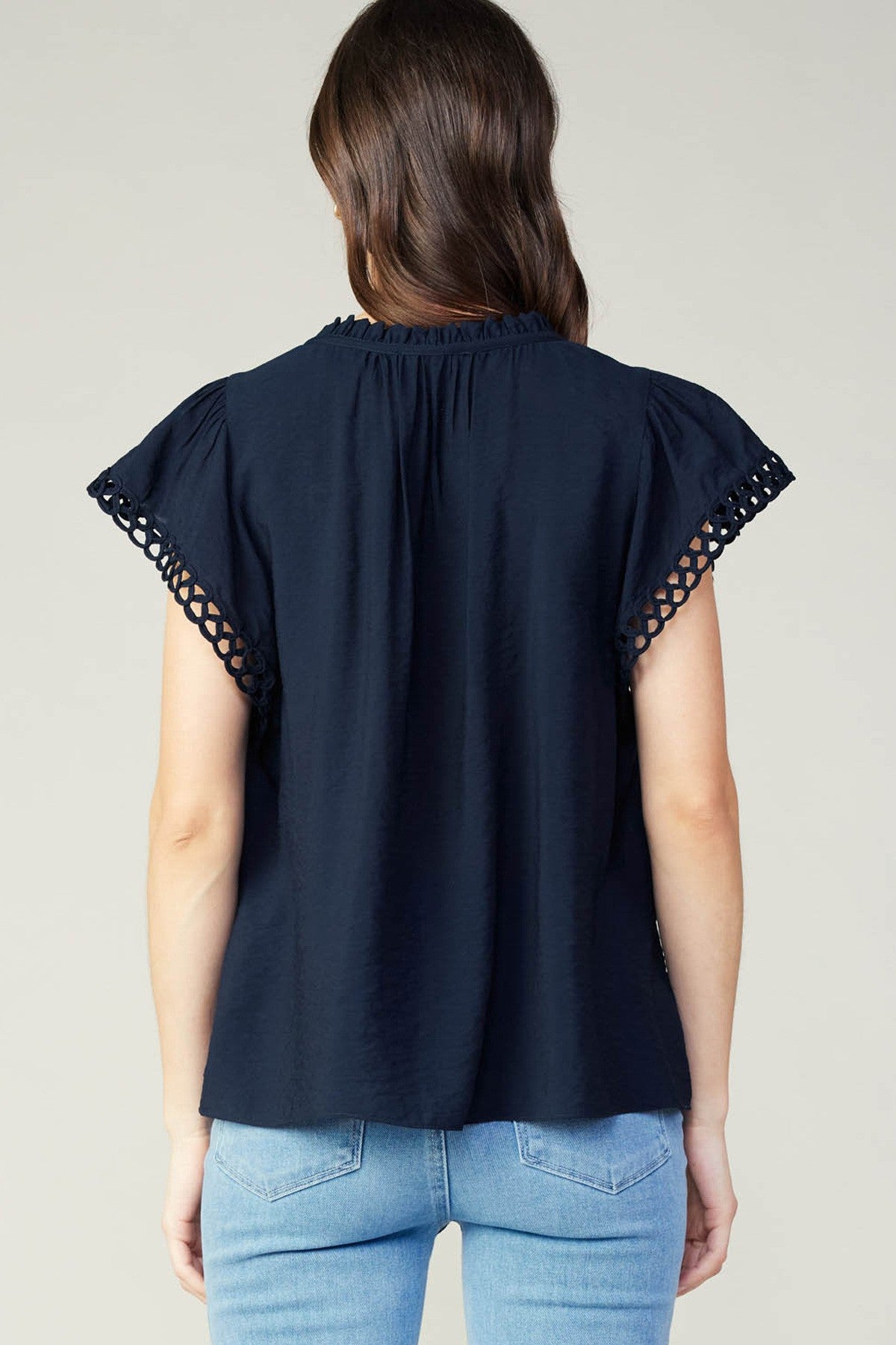 Short Sleeve Split Neck Blouse in Navy