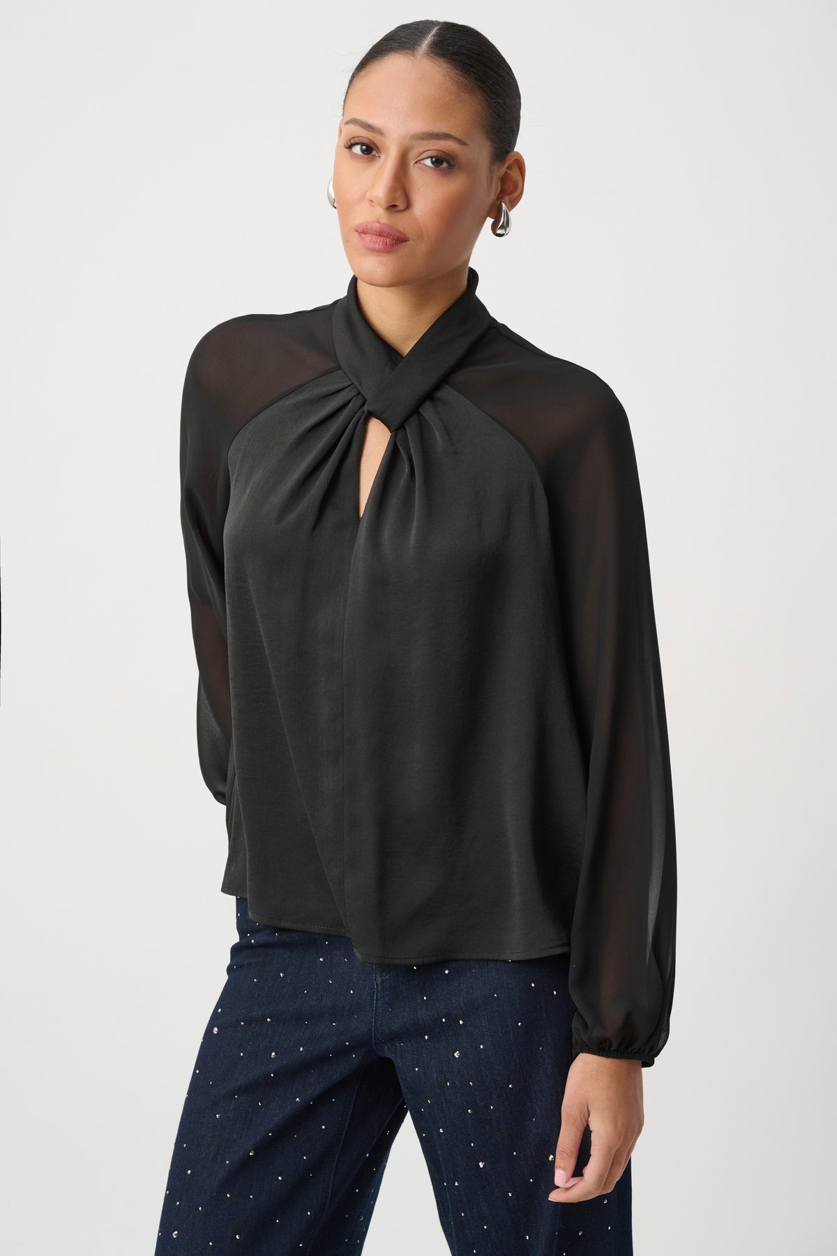 Satin Black Top w/Chiffon Sleeves
