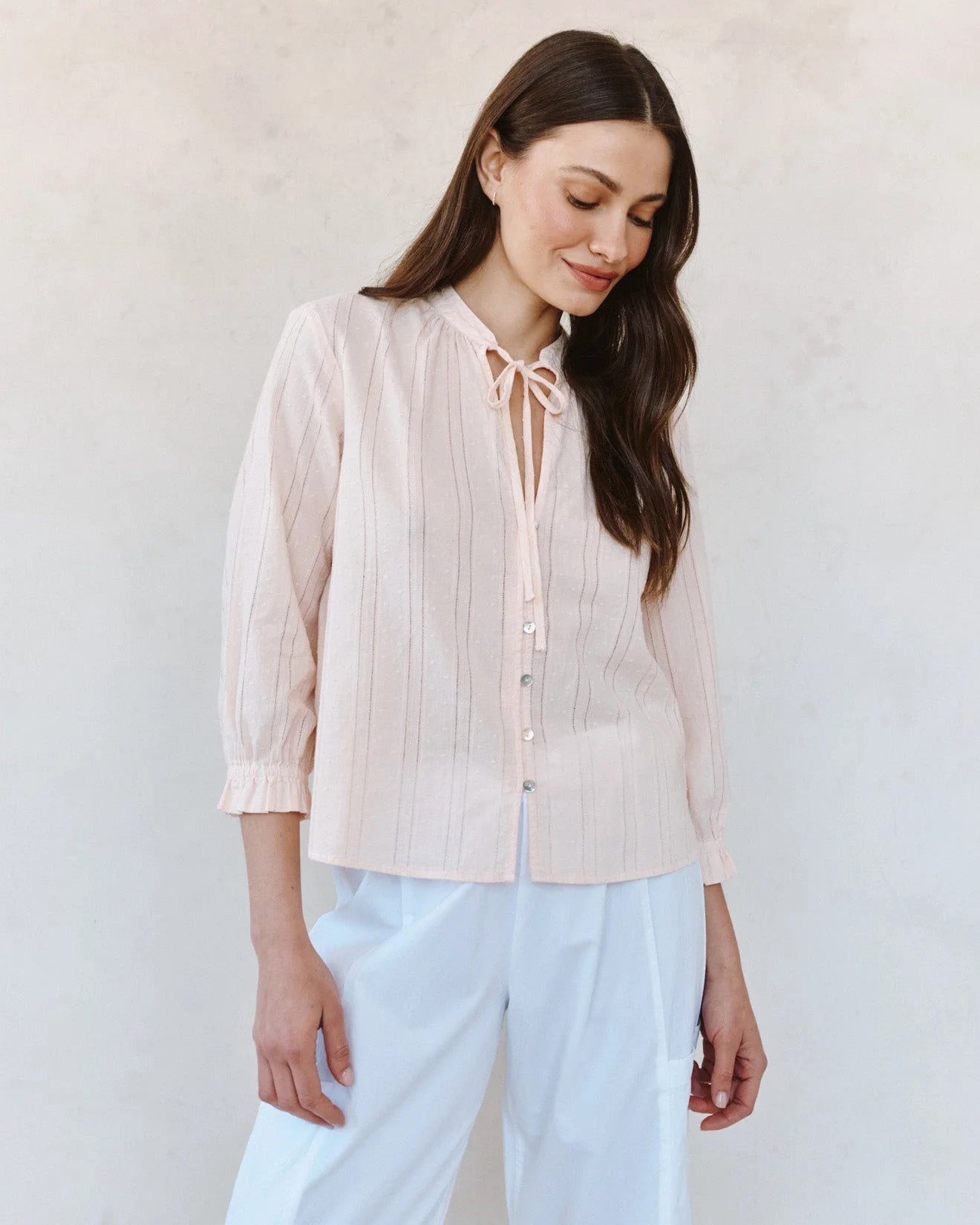 Bella Dahl 3/4 Sleeve Tie Neck Blouse in Pink Opal