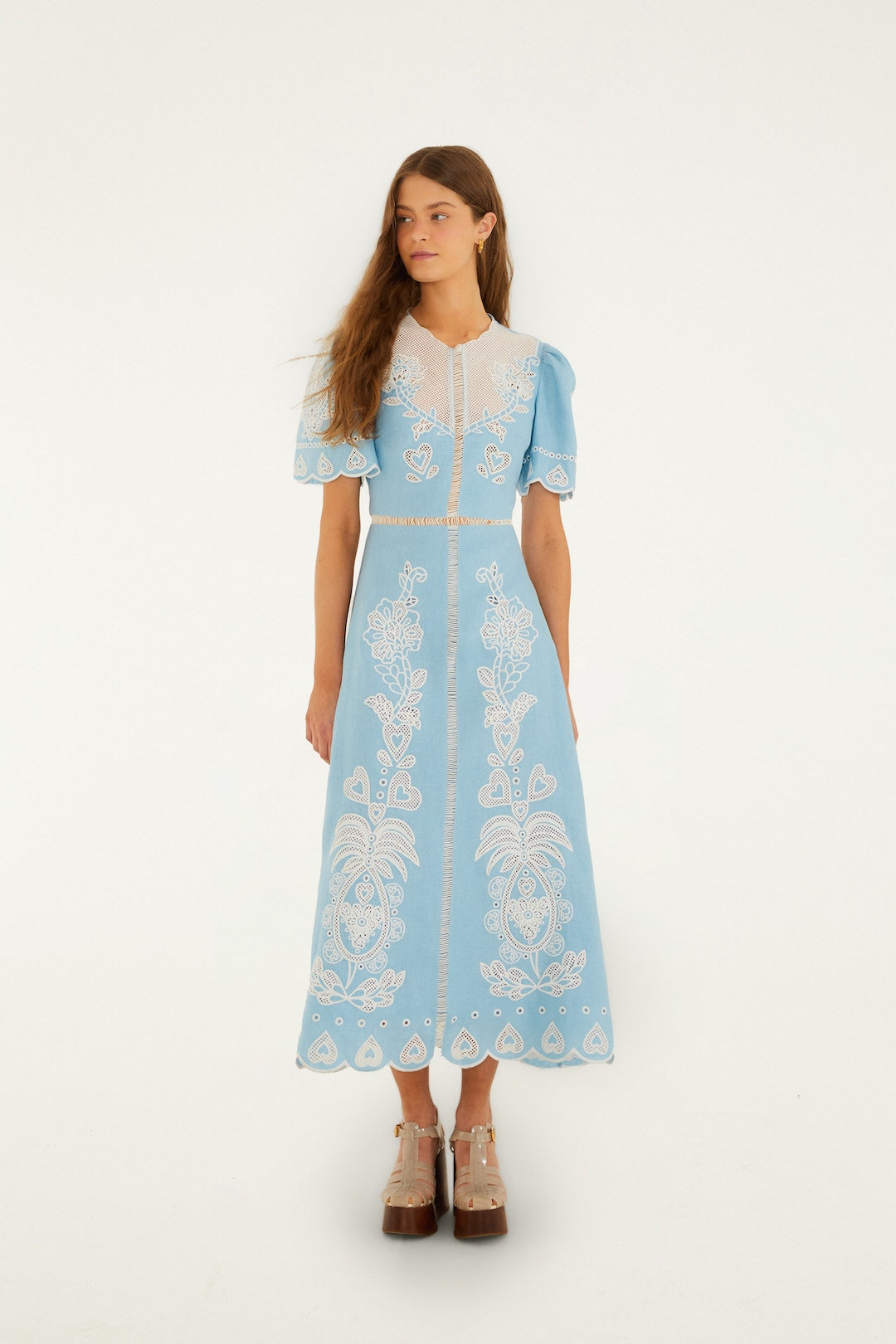 Light Blue Embroidery SS Midi Dress