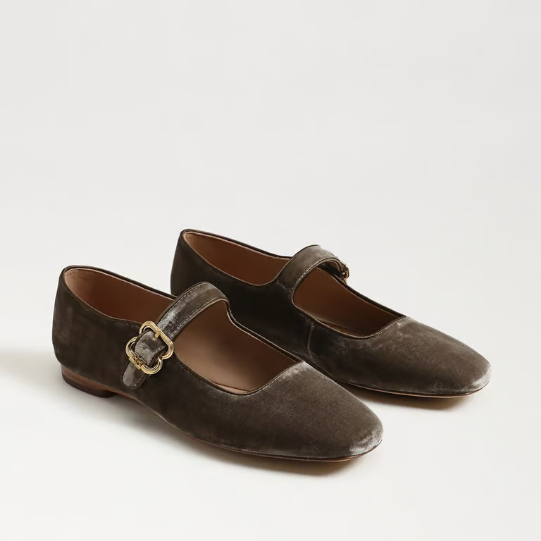 Michaela Mary Jane Flat - Dark Sage Velvet