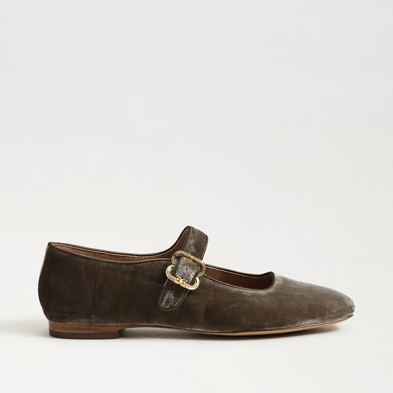 Michaela Mary Jane Flat - Dark Sage Velvet