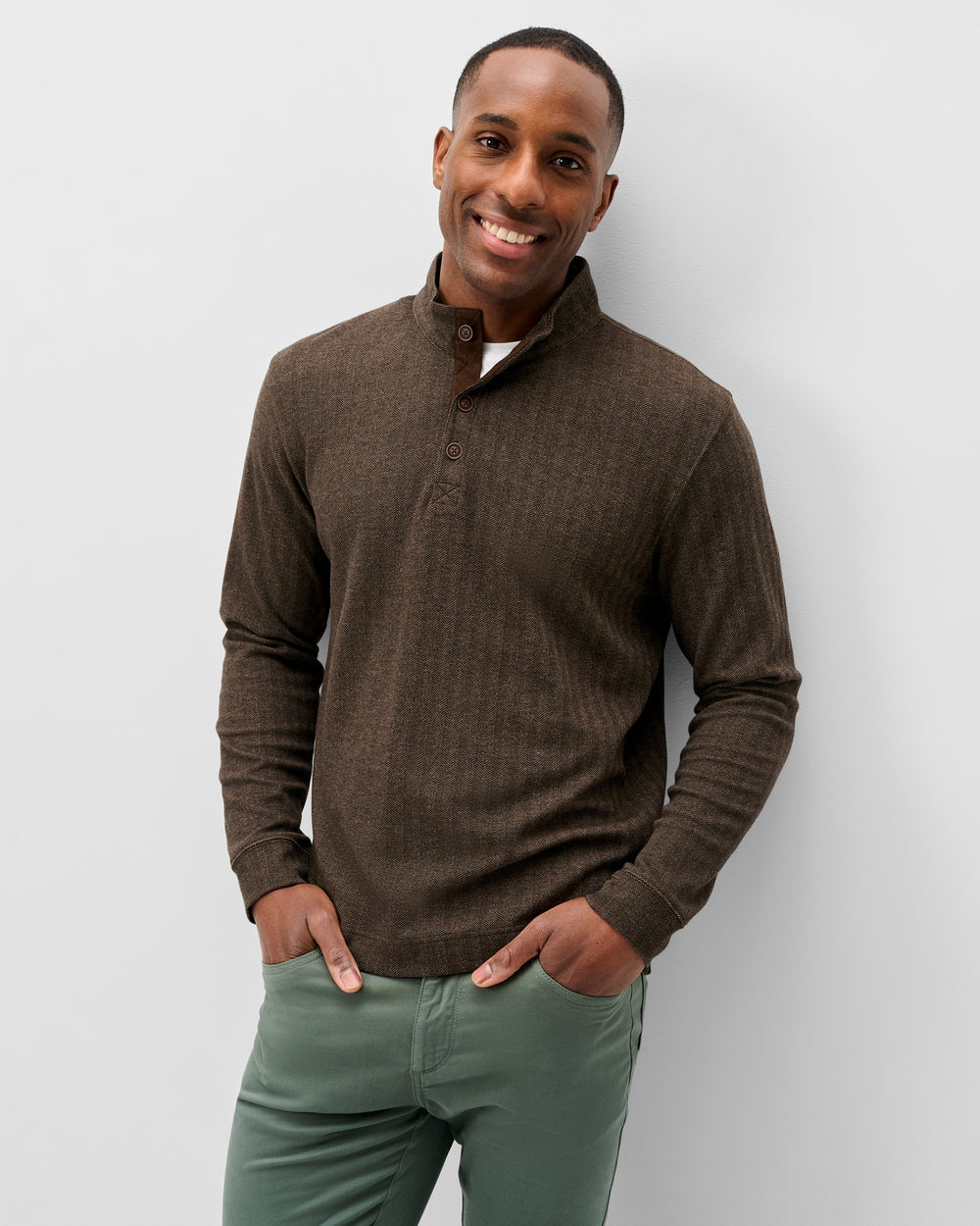 Cotton Blend Herringbone Henley - Coffee