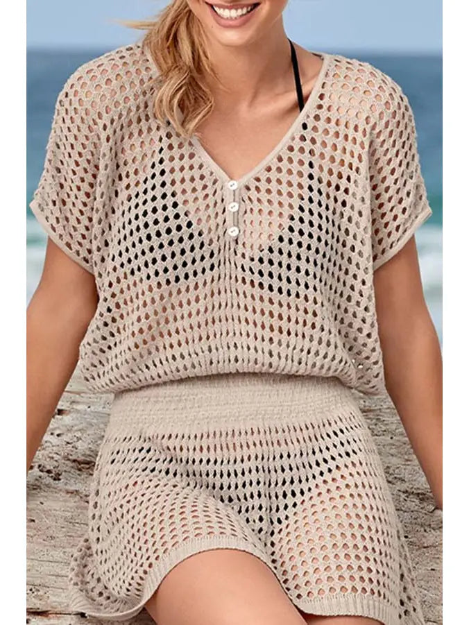 Mesh Short Sleeve Cover up in Tan