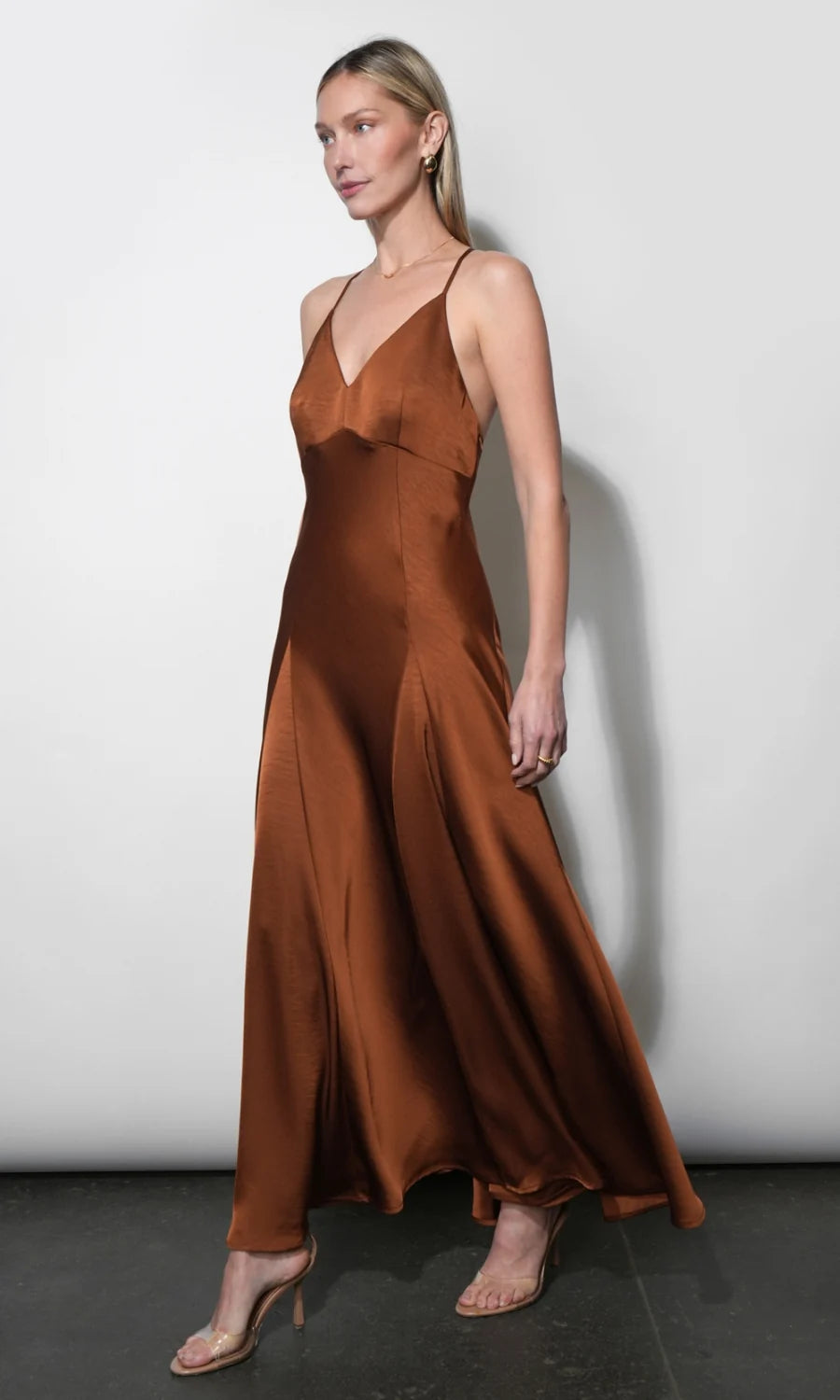 Etta Satin Cross Back Maxi Dress-Camel