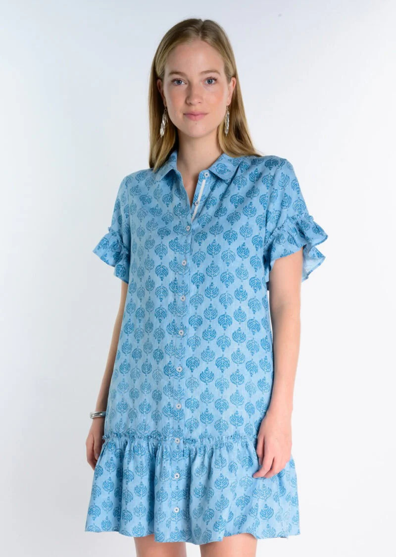 Flounced Hem Blue Linen Shirt Dress-