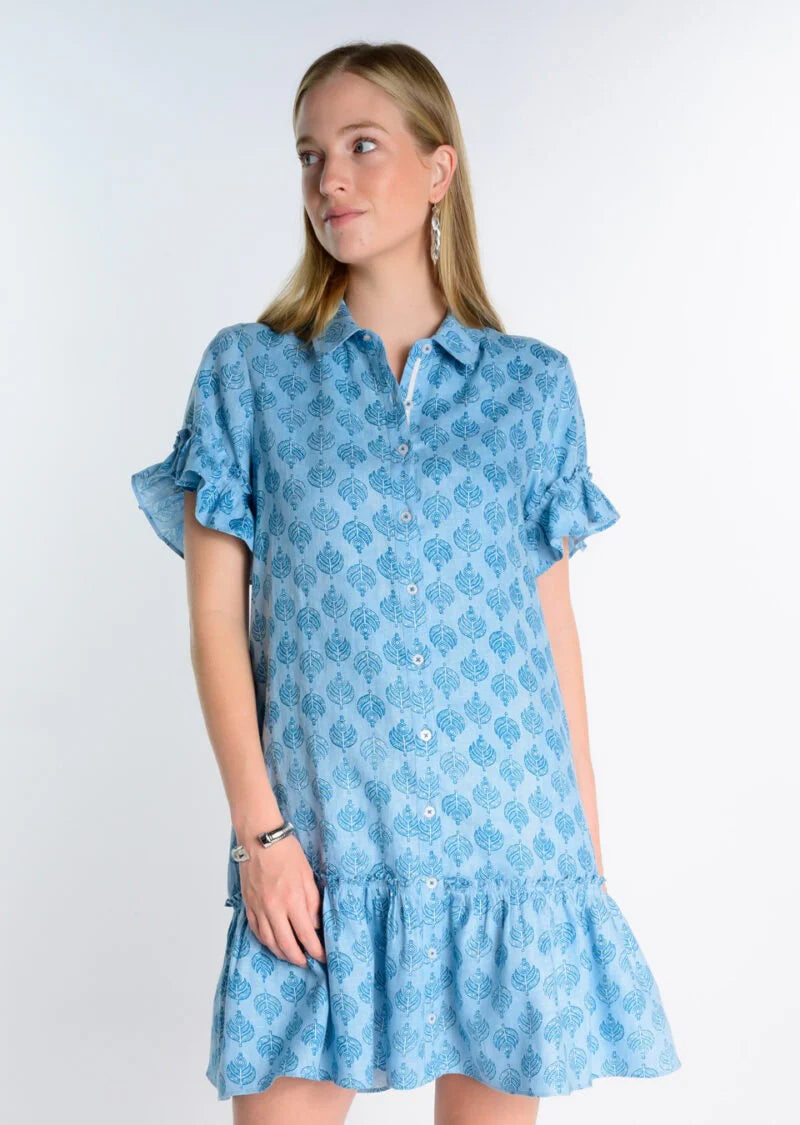 Flounced Hem Blue Linen Shirt Dress-